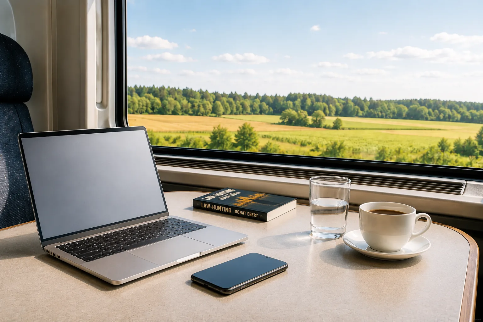Blick aus einem fahrenden Zug auf Wiesen und Wald; auf dem Tisch ein offener Laptop, ein Smartphone, eine Tasse Kaffee und das Buch „Law-Hunting“ von Donat Ebert.