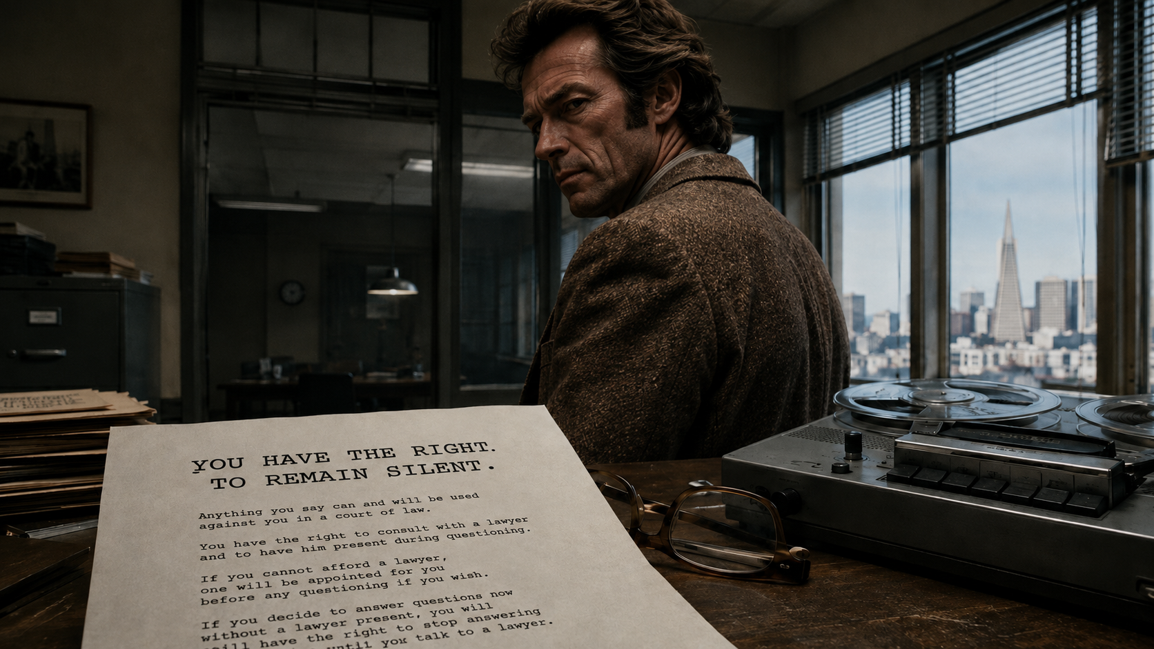 Dirty Harry in einem Polizeibüro der 1970er Jahre; im Vordergrund ein Tonbandgerät, eine Brille und ein mit Schreibmaschine beschriebener Zettel mit der Miranda-Belehrung: „You have the right to remain silent.“