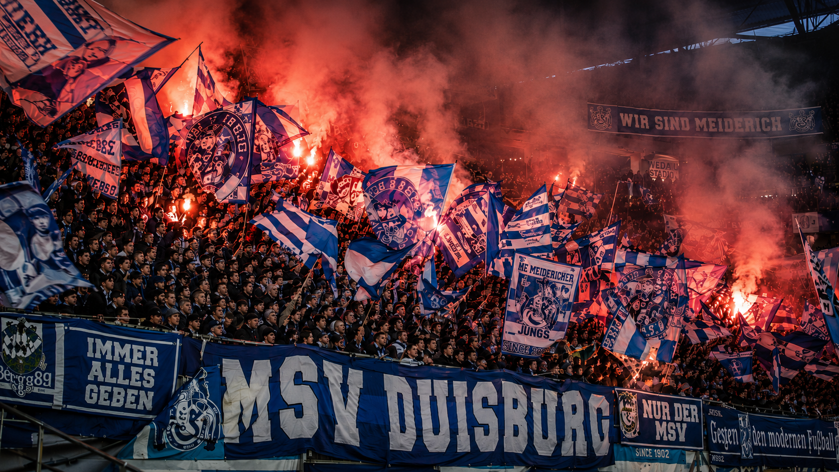 Dicht gedrängte Fankurve des MSV Duisburg mit blau-weißen Fahnen und brennenden Bengalos – Titelbild zum Essay über ADHS, Sucht und Gewalt in den Fankurven.
