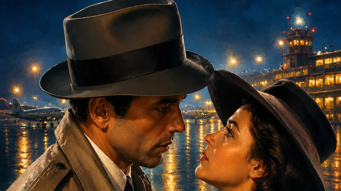 Malerische Szene aus dem Filmklassiker „Casablanca“ (1942): Rick und Ilsa blicken sich am nächtlichen Flughafen tief in die Augen – Titelbild zum angekündigten Aufsatz über Blickkontakt im Strafprozess.